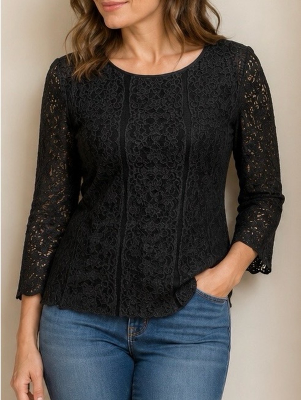 Adrianna Papell Black Lace 3/4 Sleeve Scoop Neck Top